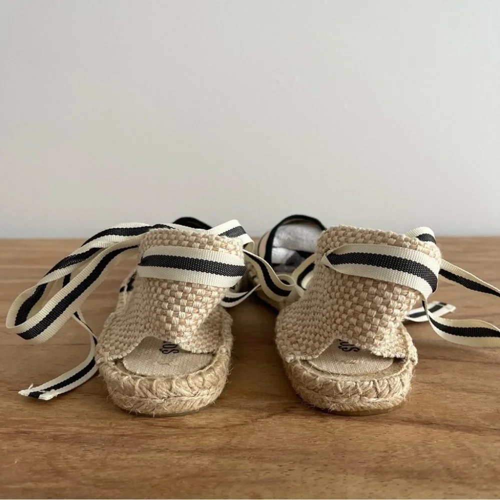 ❌SOLD❌SOLUDOS Lace-up flat espadrille shoes black cream stripe nautical size 7.5 - Picture 4 of 12